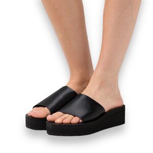 Black Satin Wide Strap Open Toe Slip-Ons Wedge Sandals NEW